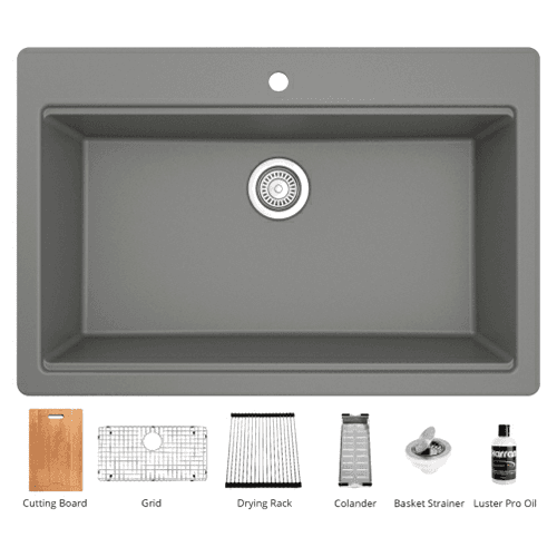 QTWS-875 Quartz Top Mount/Drop-In Large Single Bowl Workstation Kitchen Sink with Accessories, 33" x 22" x 9", Gray