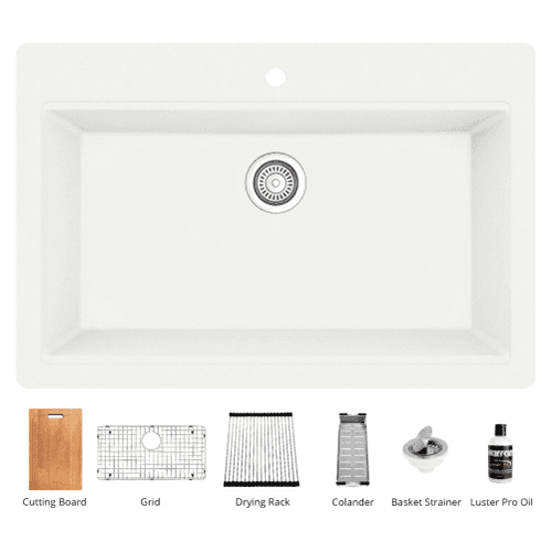 QTWS-875 Quartz Top Mount/Drop-In Large Single Bowl Workstation Kitchen Sink with Accessories, 33" x 22" x 9", White