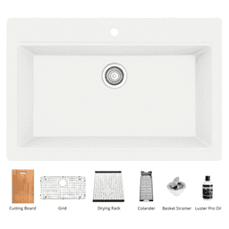QTWS-875 Quartz Top Mount/Drop-In Large Single Bowl Workstation Kitchen Sink with Accessories, 33" x 22" x 9", White