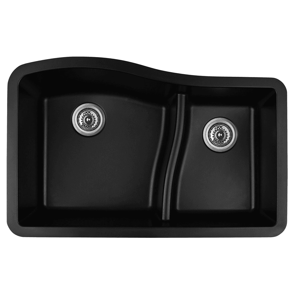 QU-630 Quartz Under Mount Large/Small Bowl Kitchen Sink, 32" x 21" x 10", Black