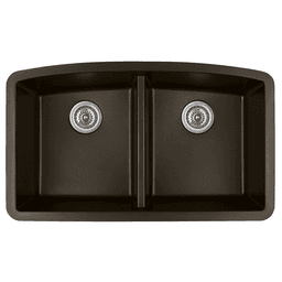 QU-710 Quartz Under Mount Double Equal Bowl Kitchen Sink, 32-1/2" x 19-1/2" x 9", Brown