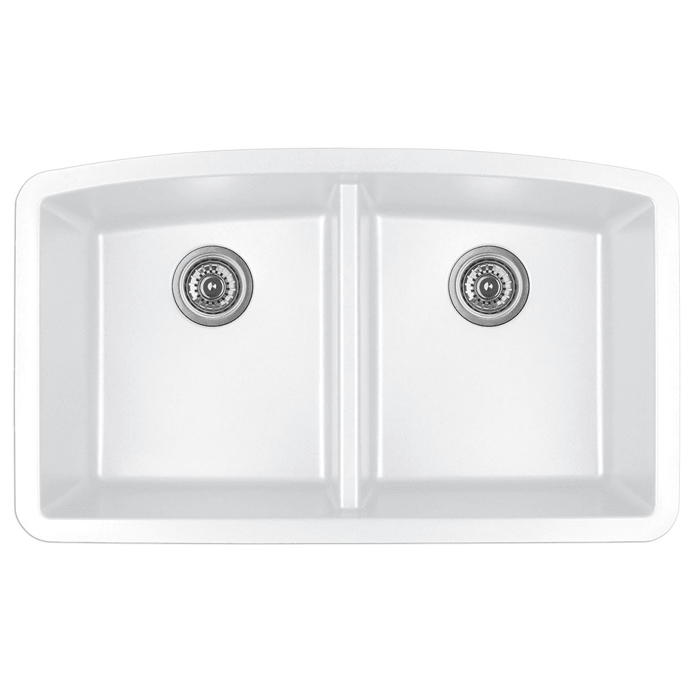QU-710 Quartz Under Mount Double Equal Bowl Kitchen Sink, 32-1/2" x 19-1/2" x 9", White