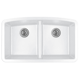 QU-710 Quartz Under Mount Double Equal Bowl Kitchen Sink, 32-1/2" x 19-1/2" x 9", White