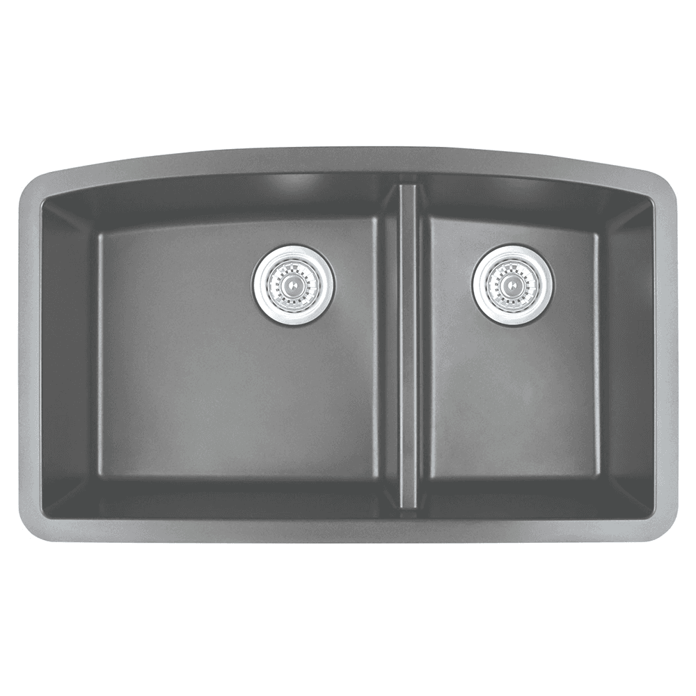 QU-711 Quartz Under Mount Large/Small Bowl Kitchen Sink, 32-1/2" x 19-1/2" x 9", Gray