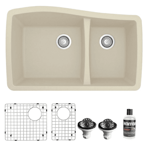 QU-721 Quartz Undermount Large/Small Bowl Kitchen Sink Kit, 33-1/2" x 20-5/8" x 9", Bisque