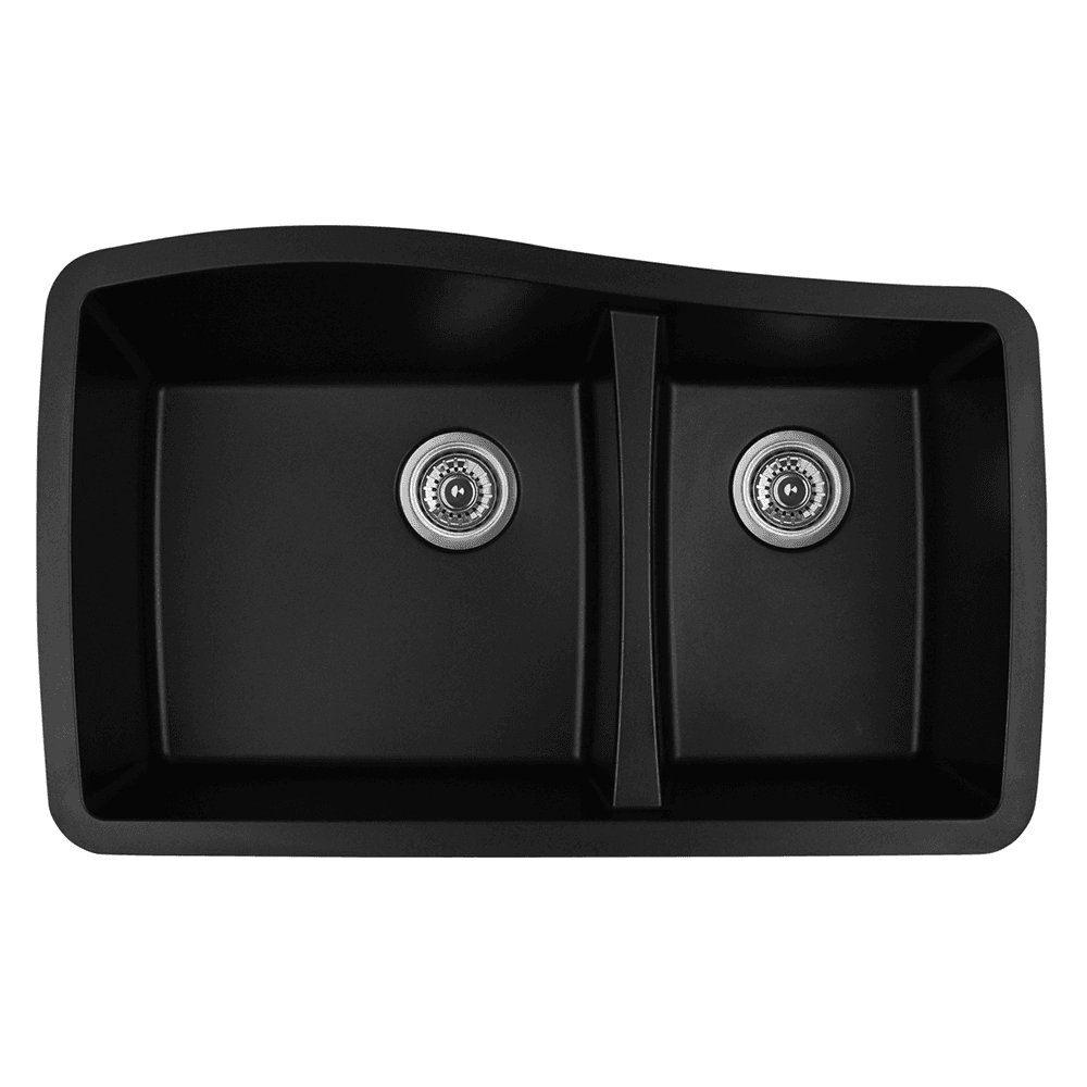 QT-721 Quartz Under Mount Large/Small Bowl Kitchen Sink, 33-1/2" x 20-5/8" x 9", Black