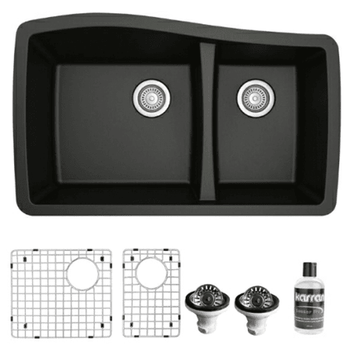 QU-721 Quartz Undermount Large/Small Bowl Kitchen Sink Kit, 33-1/2" x 20-5/8" x 9", Black