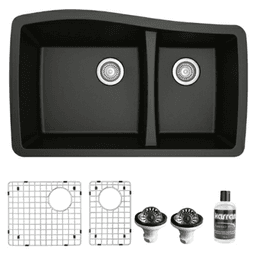 QU-721 Quartz Undermount Large/Small Bowl Kitchen Sink Kit, 33-1/2" x 20-5/8" x 9", Black