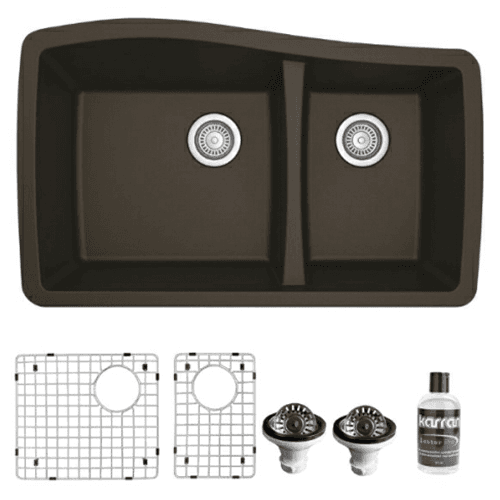 QU-721 Quartz Undermount Large/Small Bowl Kitchen Sink Kit, 33-1/2" x 20-5/8" x 9", Brown