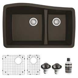 QU-721 Quartz Undermount Large/Small Bowl Kitchen Sink Kit, 33-1/2" x 20-5/8" x 9", Brown