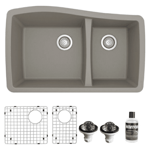 QU-721 Quartz Undermount Large/Small Bowl Kitchen Sink Kit, 33-1/2" x 20-5/8" x 9", Concrete