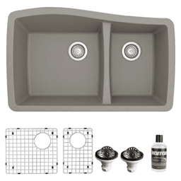 QU-721 Quartz Undermount Large/Small Bowl Kitchen Sink Kit, 33-1/2" x 20-5/8" x 9", Concrete