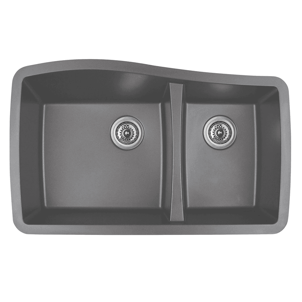 QT-721 Quartz Under Mount Large/Small Bowl Kitchen Sink, 33-1/2" x 20-5/8" x 9", Gray