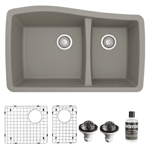 QU-721 Quartz Undermount Large/Small Bowl Kitchen Sink Kit, 33-1/2" x 20-5/8" x 9", Gray