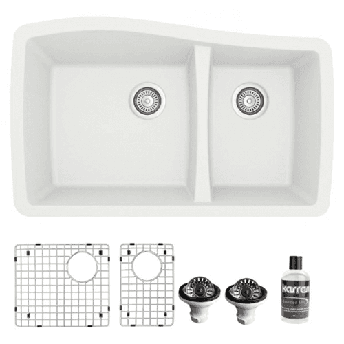 QU-721 Quartz Undermount Large/Small Bowl Kitchen Sink Kit, 33-1/2" x 20-5/8" x 9", White