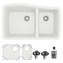 QU-721 Quartz Undermount Large/Small Bowl Kitchen Sink Kit, 33-1/2" x 20-5/8" x 9", White
