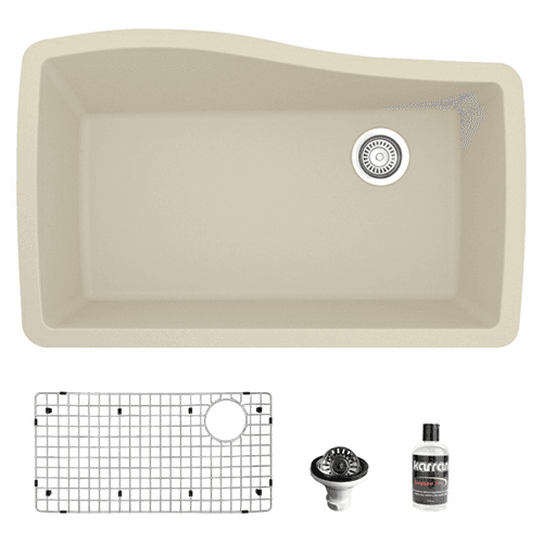 QU-722 Quartz Undermount Large Single Bowl Kitchen Sink Kit, 33-1/2" x 21" x 9", Bisque
