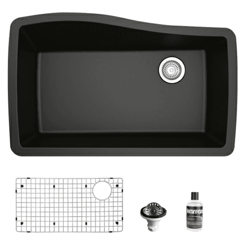 QU-722 Quartz Undermount Large Single Bowl Kitchen Sink Kit, 33-1/2" x 21" x 9", Black