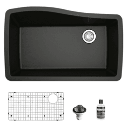 QU-722 Quartz Undermount Large Single Bowl Kitchen Sink Kit, 33-1/2" x 21" x 9", Black