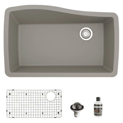 QU-722 Quartz Undermount Large Single Bowl Kitchen Sink Kit, 33-1/2" x 21" x 9", Concrete