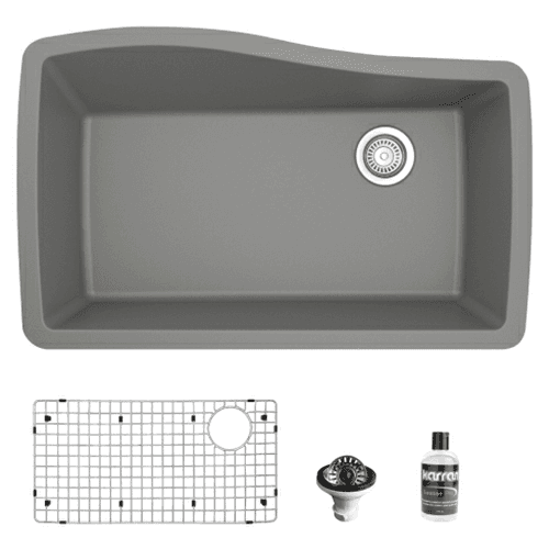 QU-722 Quartz Undermount Large Single Bowl Kitchen Sink Kit, 33-1/2" x 21" x 9", Gray
