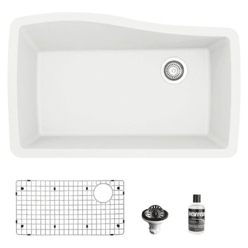 QU-722 Quartz Undermount Large Single Bowl Kitchen Sink Kit, 33-1/2" x 21" x 9", White