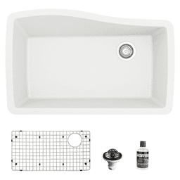 QU-722 Quartz Undermount Large Single Bowl Kitchen Sink Kit, 33-1/2" x 21" x 9", White