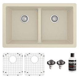 QU-810 Quartz Undermount Double Equal Bowl Kitchen Sink Kit, 32" x 19-1/2" x 9", Bisque