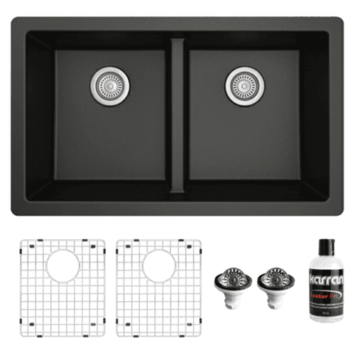QU-810 Quartz Undermount Double Equal Bowl Kitchen Sink Kit, 32" x 19-1/2" x 9", Black
