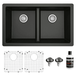 QU-810 Quartz Undermount Double Equal Bowl Kitchen Sink Kit, 32" x 19-1/2" x 9", Black