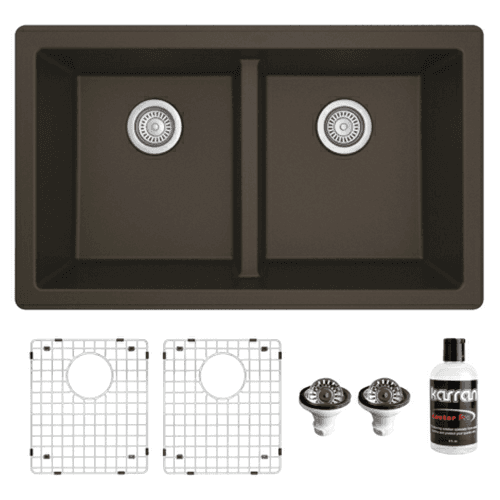 QU-810 Quartz Undermount Double Equal Bowl Kitchen Sink Kit, 32" x 19-1/2" x 9", Brown