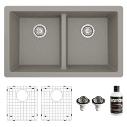 QU-810 Quartz Undermount Double Equal Bowl Kitchen Sink Kit, 32" x 19-1/2" x 9", Concrete