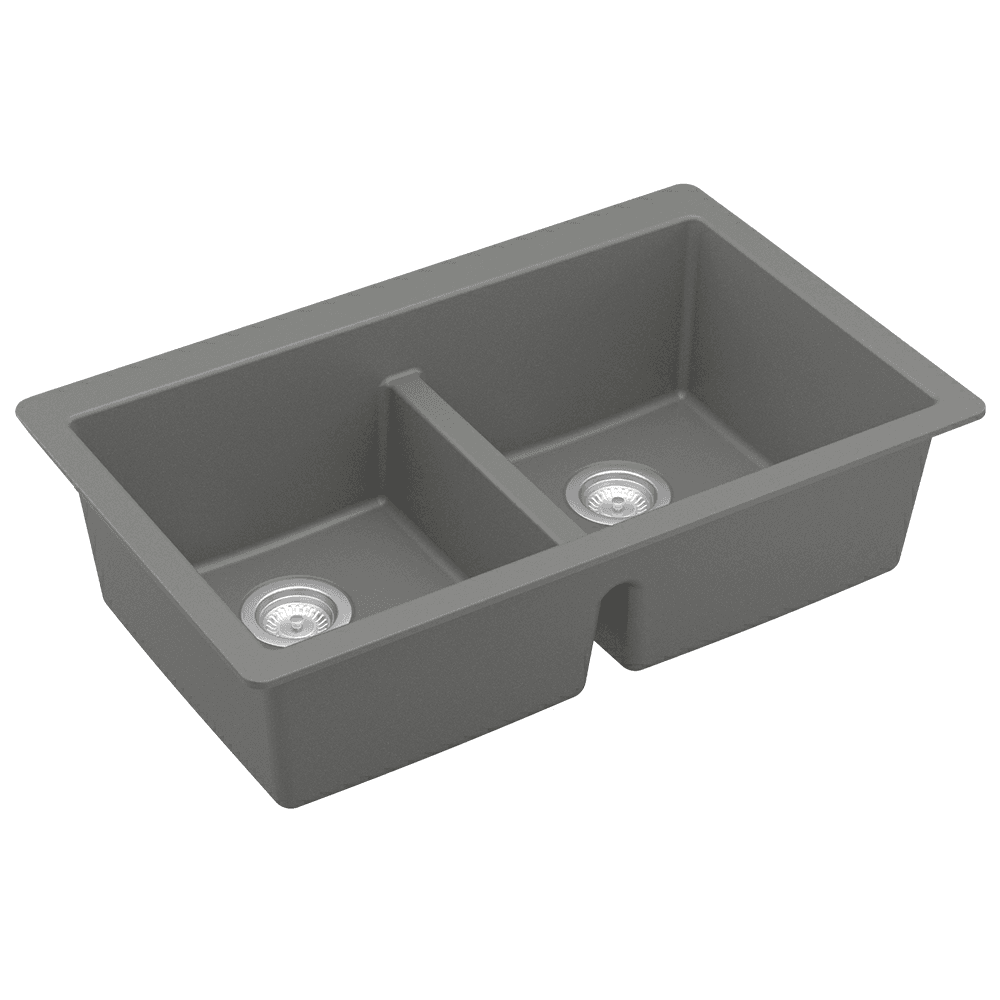 QU-810 Quartz Undermount Double Equal Bowl Kitchen Sink, 32-3/8" x 19-1/4" x 9", Gray