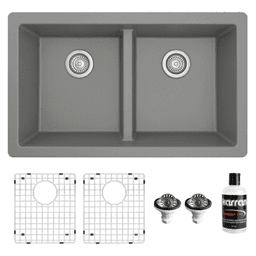 QU-810 Quartz Undermount Double Equal Bowl Kitchen Sink Kit, 32" x 19-1/2" x 9", Gray