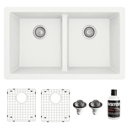 QU-810 Quartz Undermount Double Equal Bowl Kitchen Sink Kit, 32" x 19-1/2" x 9", White