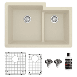QU-811 Quartz Undermount Large/Small Bowl Kitchen Sink Kit, 32" x 21-1/4" x 9", Bisque