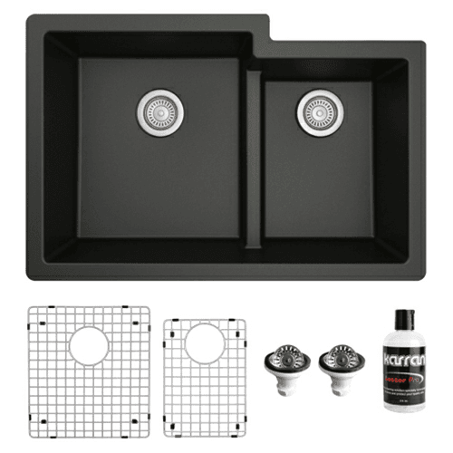 QU-811 Quartz Undermount Large/Small Bowl Kitchen Sink Kit, 32" x 21-1/4" x 9", Black