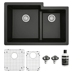 QU-811 Quartz Undermount Large/Small Bowl Kitchen Sink Kit, 32" x 21-1/4" x 9", Black