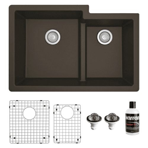 QU-811 Quartz Undermount Large/Small Bowl Kitchen Sink Kit, 32" x 21-1/4" x 9", Brown