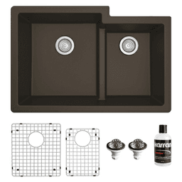 QU-811 Quartz Undermount Large/Small Bowl Kitchen Sink Kit, 32" x 21-1/4" x 9", Brown