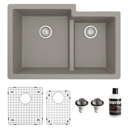 QU-811 Quartz Undermount Large/Small Bowl Kitchen Sink Kit, 32" x 21-1/4" x 9", Concrete