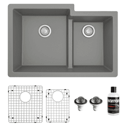 QU-811 Quartz Undermount Large/Small Bowl Kitchen Sink Kit, 32" x 21-1/4" x 9", Gray