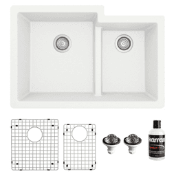 QU-811 Quartz Undermount Large/Small Bowl Kitchen Sink Kit, 32" x 21-1/4" x 9", White