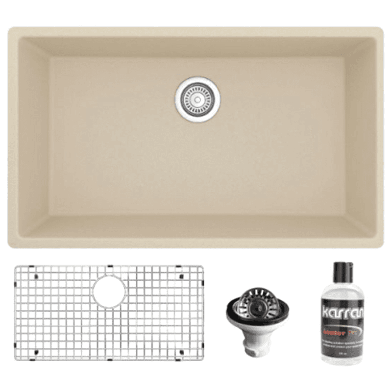 Quartz Undermount Large Single Bowl Kitchen Sink Kit, 32-1/4" x 19-1/4" x 9", Bisque