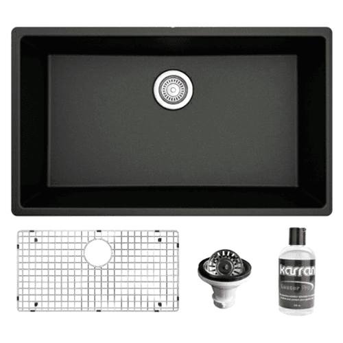 QU-812 Quartz Undermount Large Single Bowl Kitchen Sink Kit, 32-1/4" x 19-1/4" x 9", Black