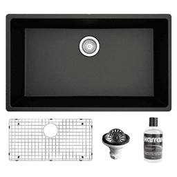 QU-812 Quartz Undermount Large Single Bowl Kitchen Sink Kit, 32-1/4" x 19-1/4" x 9", Black