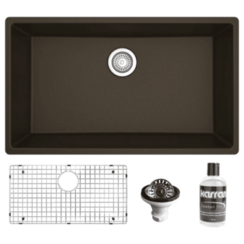 Quartz Undermount Large Single Bowl Kitchen Sink Kit, 32-1/4" x 19-1/4" x 9", Brown