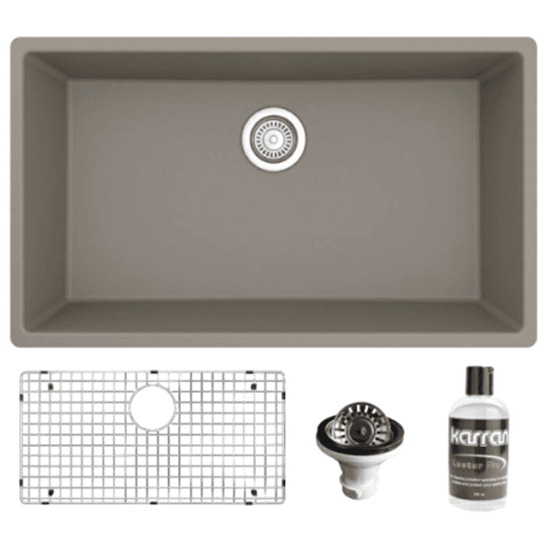 Quartz Undermount Large Single Bowl Kitchen Sink Kit, 32-1/4" x 19-1/4" x 9", Concrete