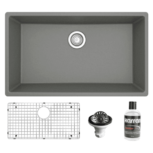 QU-812 Quartz Undermount Large Single Bowl Kitchen Sink Kit, 32-1/4" x 19-1/4" x 9", Gray