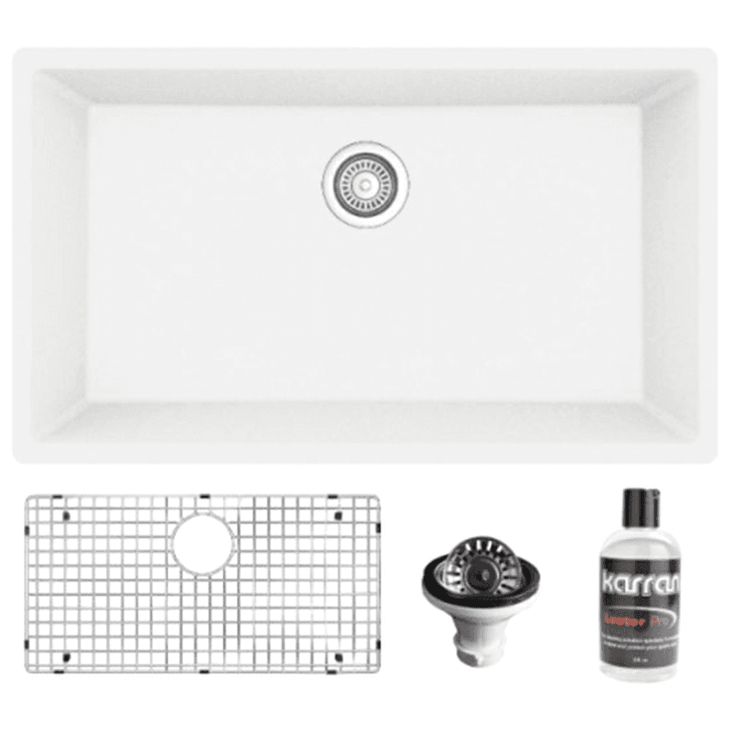Quartz Undermount Large Single Bowl Kitchen Sink Kit, 32-1/4" x 19-1/4" x 9", White
